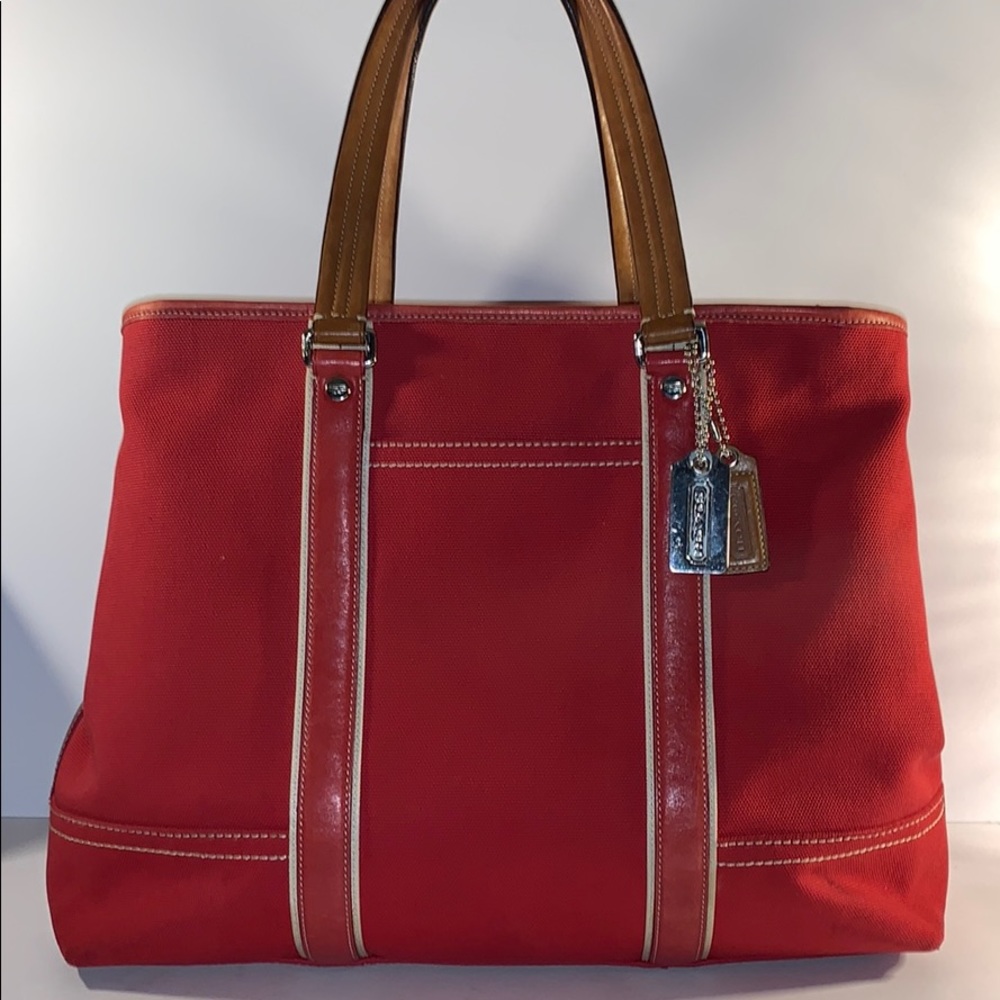 COACH XL Red Canvas Leather Travel Tote bag 70157